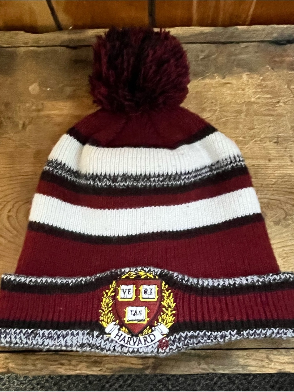 Harvard Maroon and White Pom Pom Beanie Hat